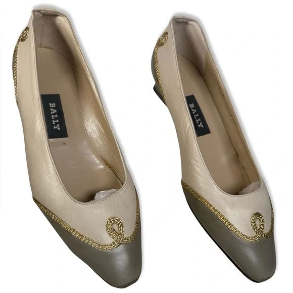 Bally Vtg Womens Pumps Size 5.5 Beige Two Tone Low Heel Classic Leather Metallic - Picture 7 of 7